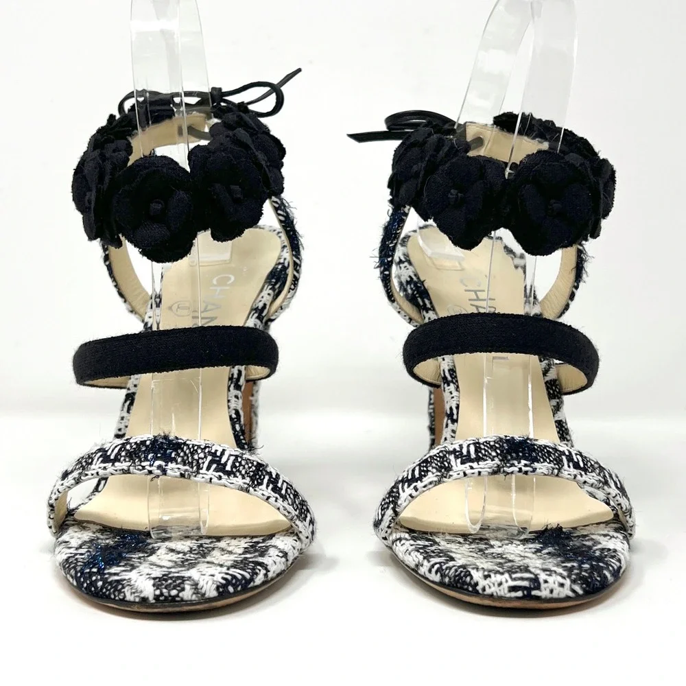 Chanel‎ Tweed Camellia CC Pumps Black White Heels 37.5